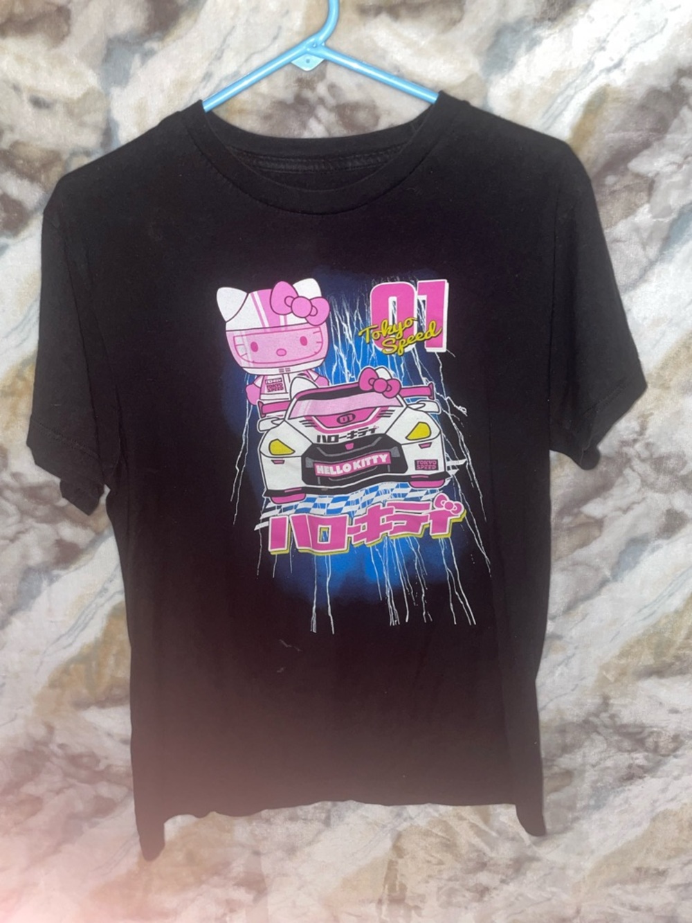 Hello Kitty Black Tee with Pink Racing Graphic